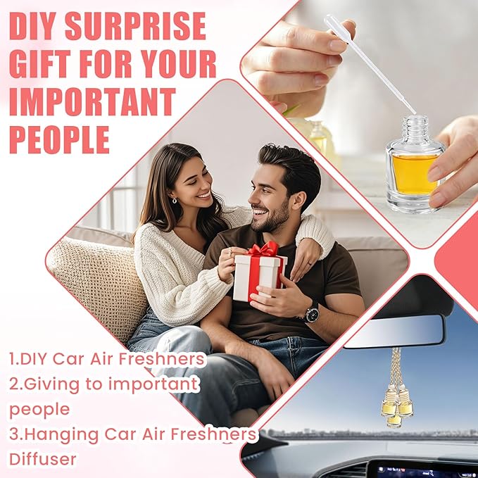 120 Pcs Car Diffuser Bottle Set with Wooden Caps,Dropper and Funnel, Empty Glass Car Air Freshener Bottle Bulk Hanging Essential Oil Fragrance Pendants for Car Decor，Can DIY Car Air Freshners Diffuser