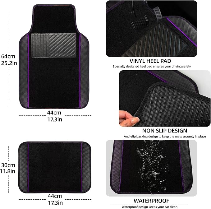 NBTEPEM 10 Pcs Car Floor Mats Full Set Car Accessories, Microfiber Leather Steering Wheel Covers 14.5-15 inch, Center Console Cover, Seat Belt Pads, Cup Coasters, Universal Interior Decor(Purple)