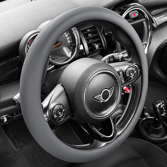 PINCTROT Nappa Leather Steering Wheel Cover, Slim Fit No Bulk Design, One Piece Leather with Breathable Perforation, Fit Like Gloves, Universal 14.5-15 Inch(Nappa Dark Gray)