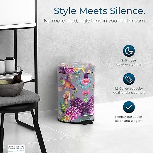 Sanilo Small Bathroom Trash Can with Lid [1.3 Gallon] - Lidded Tiny Trashcan for Garbage - Mini Metal Bin with Soft Closing Mechanism - Bath Room Accessoire Wastebin with Inner Bucket (Hummingbird)