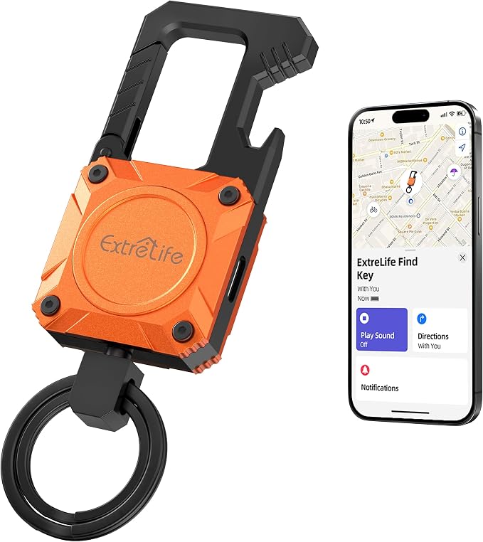 ExtreLife Keychain, Works with Apple Find My, Bottle Opener, Carabiner Car Key Chains with Gps Tracker