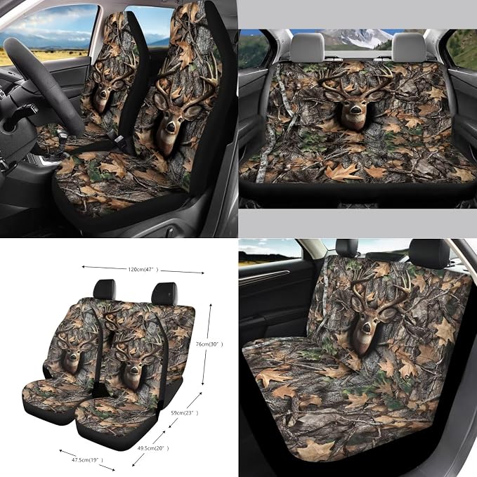 Deer Leaf Camo Pattern Car Accessories Set of 15 Bucket Seat and Rear Bench Cover Steering Wheel Cushion Seatbelt Pad Trash Bin Rearview Mirror Cover Keychain Air Outlet Bag Cup Holders