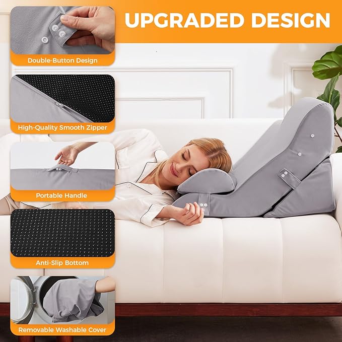 Ruqmuis 3PCS Wedge Pillow Set for After Surgery, Adjustable Back Pillow for Bed Sitting up, Acid Reflux, Bed Wedge Pillow Headboard for Sleeping&Snoring, Orthopedic Pillow for Post Surgery, Plush Grey
