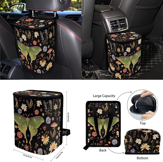 Moth Floral Car Seat Covers Full Set 15 Pcs Universal Car Accessories Steering Wheel Cover Seat Belt Pads Garbage Bag Car Headrest Pillow Covers Armrest Pad