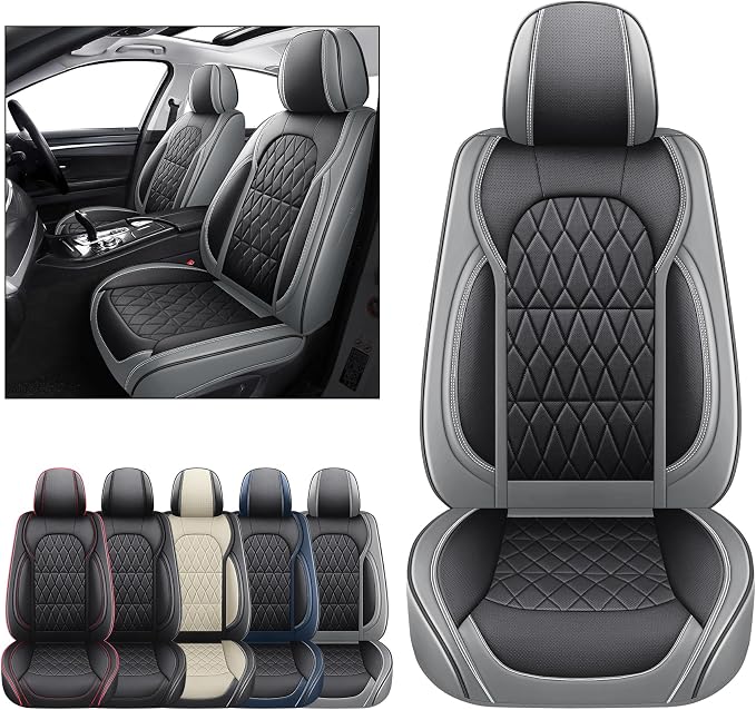 Aierxuan Front Seat Covers Waterproof Faux Leather Universal Fit Honda Toyota Ford Hyundai Elantra Sonata Kona Mitsubishi Outlander Jeep Volvo, Black-Gray