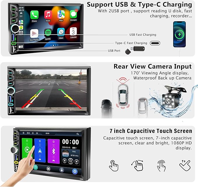 7" Double Din Car Stereo Compatible with Wireless Apple Carplay Android Auto|Bluetooth 5.2|180W Outputs|Subwoofer|FM|AM|USB|38W Fast Charge|Physical Knob|Backup Camera|Stereo for 7x4.02 2 DIN Size