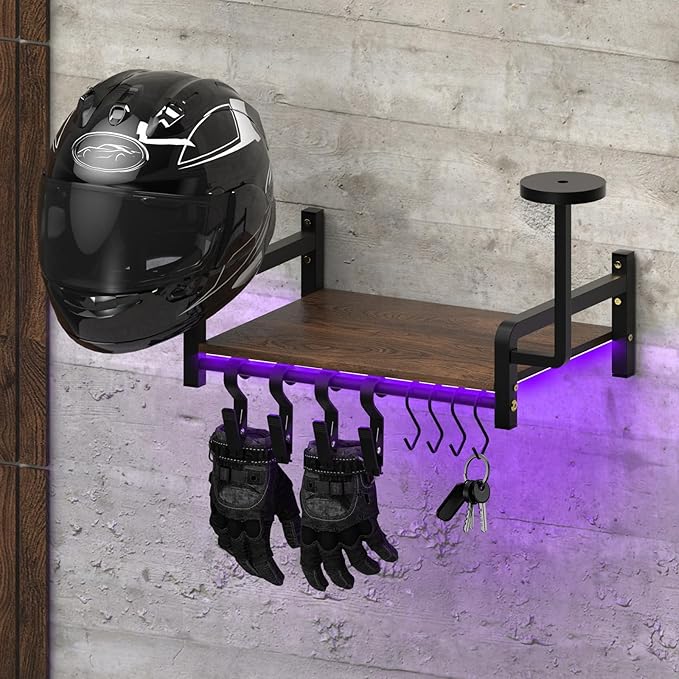 Vieshful Motorcycle Helmet Wall Mount Rack, Heavy Duty Helmet Holder with RGB Light Strip – Gear Display Shelf for Jackets, Gloves & Motorcycle Accessories Organizer, Garage & Entryway