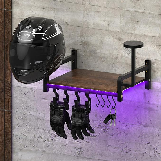 Vieshful Motorcycle Helmet Wall Mount Rack, Heavy Duty Helmet Holder with RGB Light Strip – Gear Display Shelf for Jackets, Gloves & Motorcycle Accessories Organizer, Garage & Entryway