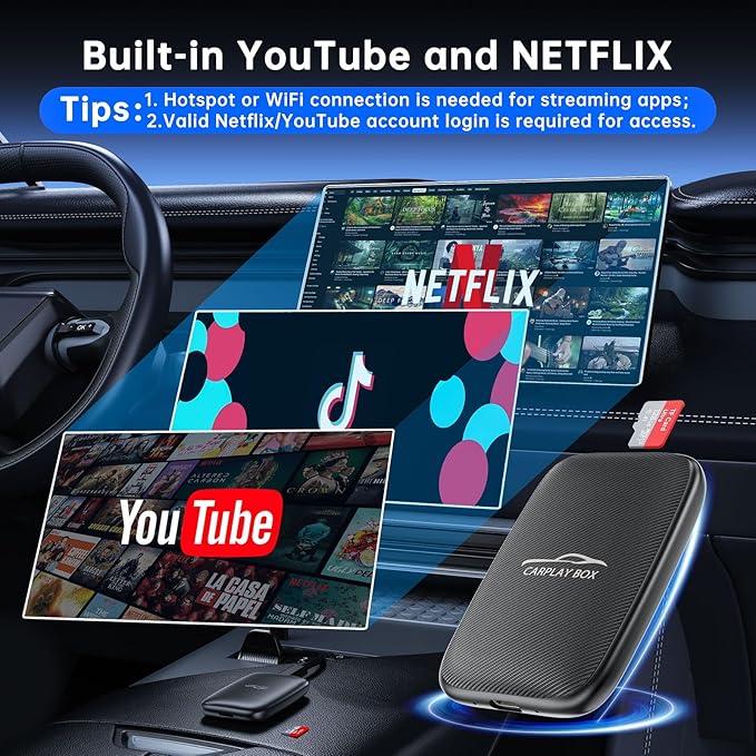 2026 New Wireless CarPlay Adapter Support Netflix/YouTube/TF, 5-in-1 Android Auto & Carplay Adapter with USB-A and USB-C Cables,Convert Wired to Wireless Apple Dongle, Video Box Car Play for iOS 10+