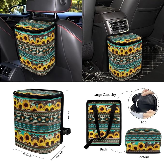 Wanyint Aztec Sunflower Blue Car Seat Cover Set 15 PCS, with Steering Wheel Cover Seat Belt Cushion Pad Garbage Bag Air Vent Pocket Rearview Mirror Cover Coasters Keychain for SUV Trucks Vans Sedans