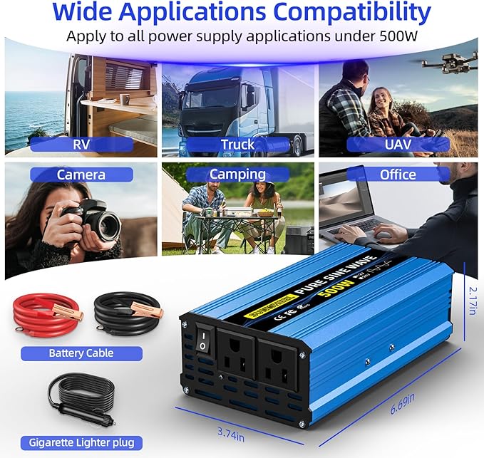 SUNWHEEL 500W Pure Sine Wave Inverter, 12V DC to 110V/120V AC Car Power Inverter with 2 AC outlets and LCD Display
