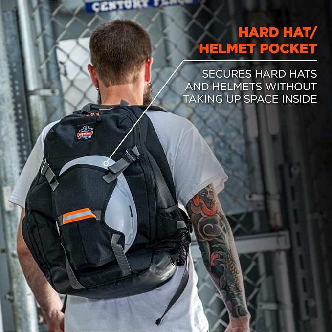 Ergodyne Arsenal 5188 Work Gear Jobsite Backpack with Hard Hat Storage, Padded Shoulder Straps, 39L Capacity,Black, Large