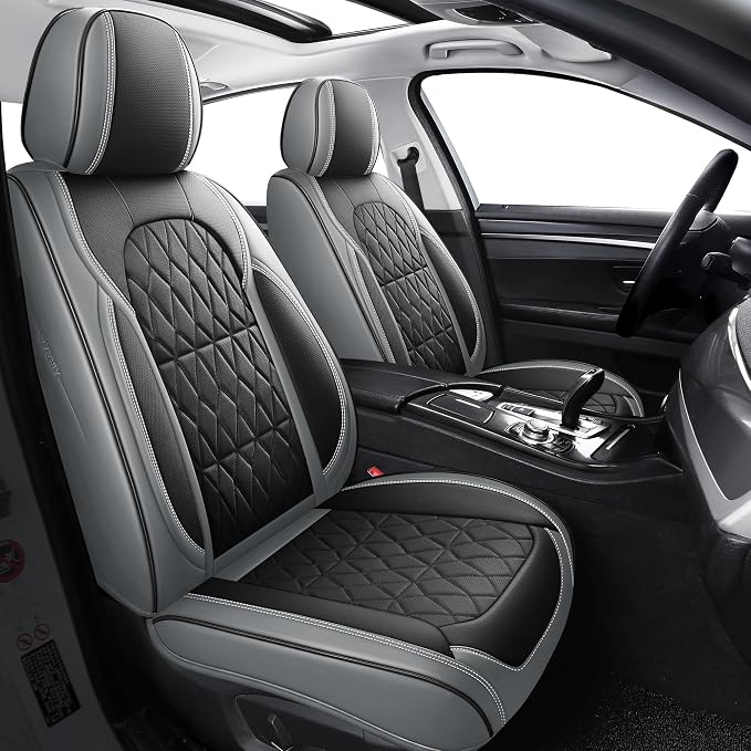 Aierxuan Front Seat Covers Waterproof Faux Leather Universal Fit Honda Toyota Ford Hyundai Elantra Sonata Kona Mitsubishi Outlander Jeep Volvo, Black-Gray