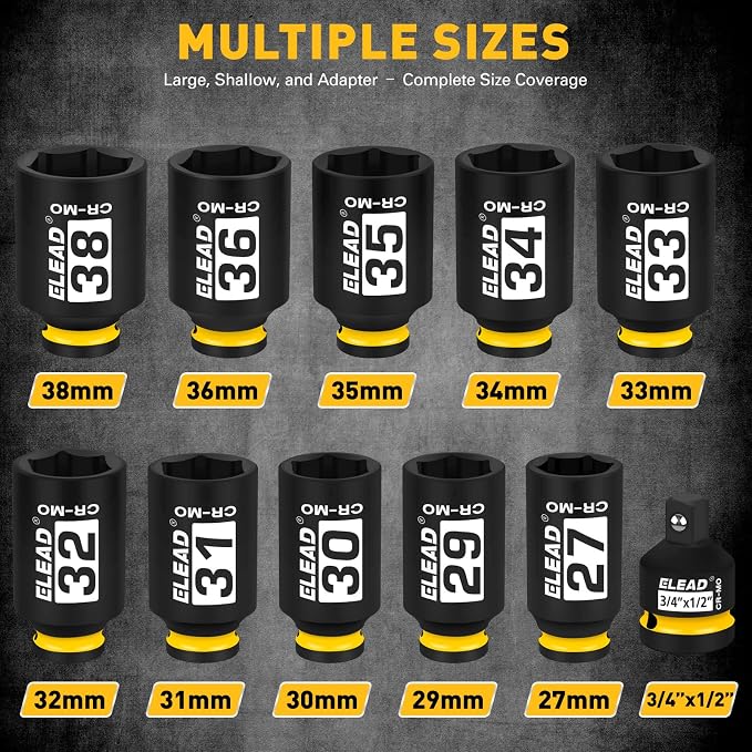 1/2'' Drive Deep Impact Socket Set: 11-Piece Metric Wheel Axle Nut Wrench Large Jumbo 27mm 29mm 30mm 31mm 32mm 33mm 34mm 35mm 36mm 38mm Car Spindle Joint High Torque Truck Bearing Locknut