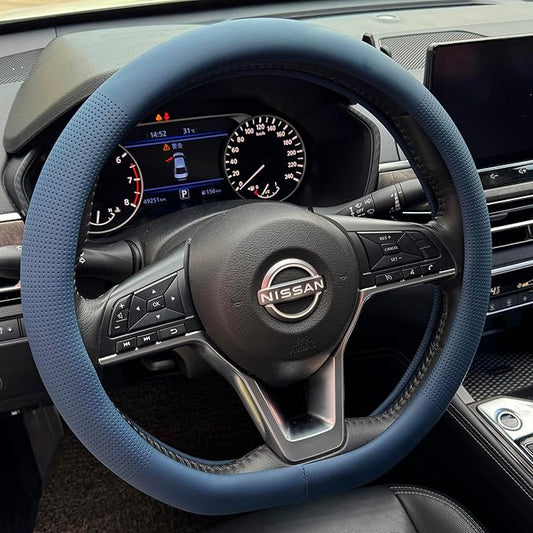 PINCTROT D Shaped Nappa Leather Steering Wheel Cover, Slim Fit No Bulk Design, One Piece Leather with Breathable Perforation, Fit Like Gloves, Flat Bottom 14.5-15 Inch(Nappa Smoky Blue)