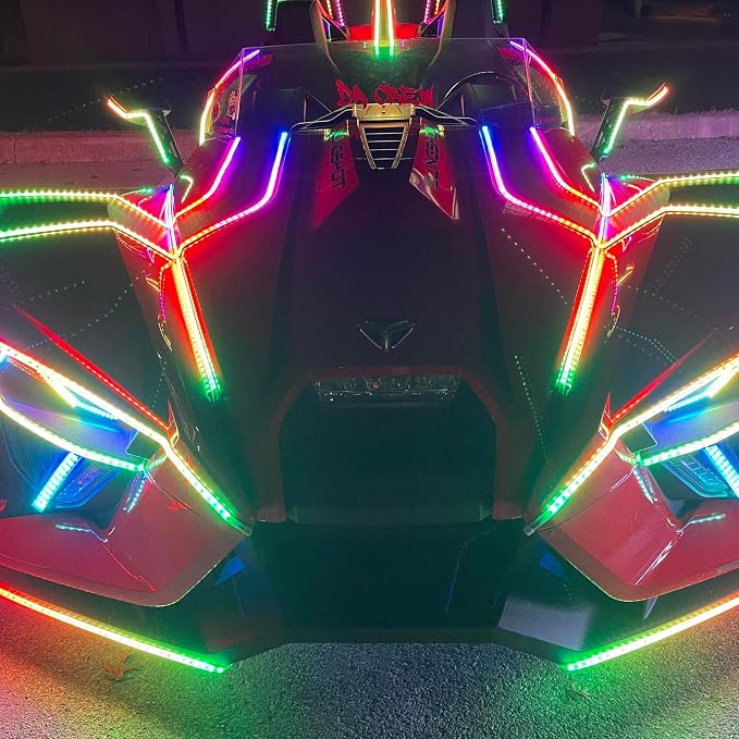 6PCS 4FT 1.2Meters Triple Row Treble Rolls LEDs RGB Dream Color Chasing Flow Chaser Light Strips APP+Remote for Vehicle Car Truck Slingshot Slingtoys Ryker Spyder