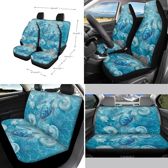 Suobstales Turtle Conch Seashell Print Car Seat Covers 11 Pcs Car Accessories Interior Set Auto Front Rear Split Seats Protectors with Steering Wheel Cover, Seatbelt Pads, Cup Holder, Keychain