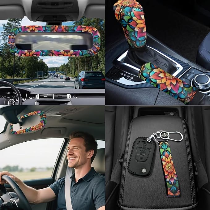 Mandala Lotus Car Seat Covers Full Sets 18 Pieces Hippie Print Car Interior Accessories Sets Car Headrest Covers Seatbelt Covers Steering Wheel Wrap Car Trash Can Universal Fit Most Vehicle
