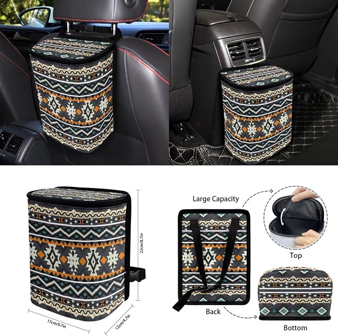 Native Geo Car Seat Covers Set of 15 with Universal Steering Wheel Cover, Rearview Mirror Cover, Car Trash Can, Seatbelt Pads, Cup Holder Coasters, Keychains