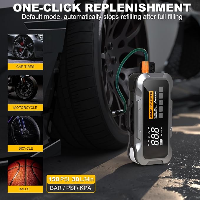 4000A Car Jump Starter with Air Compressor 150PSI Tire Inflator — 12V Portable Battery Booster Power Pack 20000mAh — Emergency Jump Box for 10L Gas 8L Diesel Engines with LED Light USB Charger
