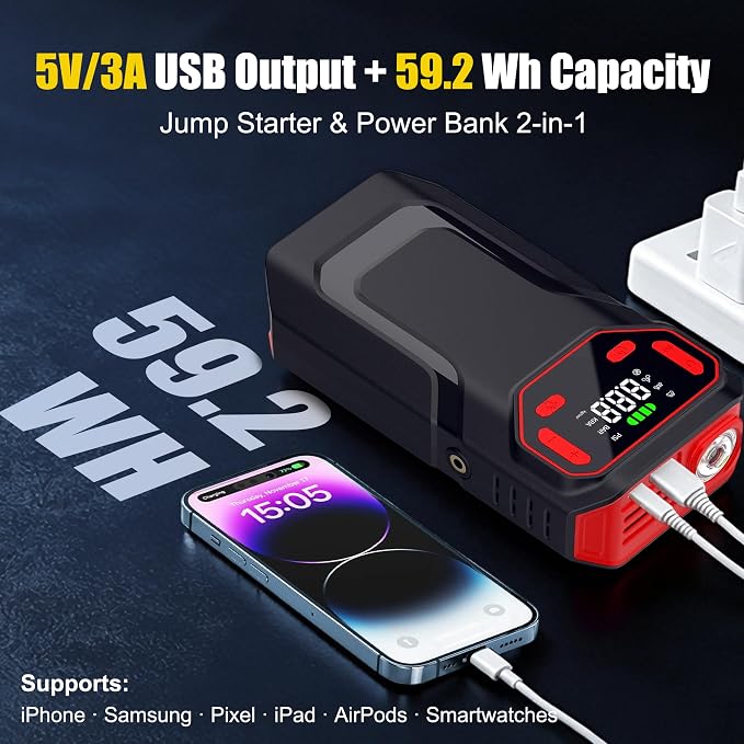 MT21 Jump Starter with Air Compressor,12V Battery Booster Pack(10L Gas/8L Diesel) with 5000A–Spark-Proof & Reverse Polarity Protected,150PSI Portable Jump Box & Tire Inflator with LED Light