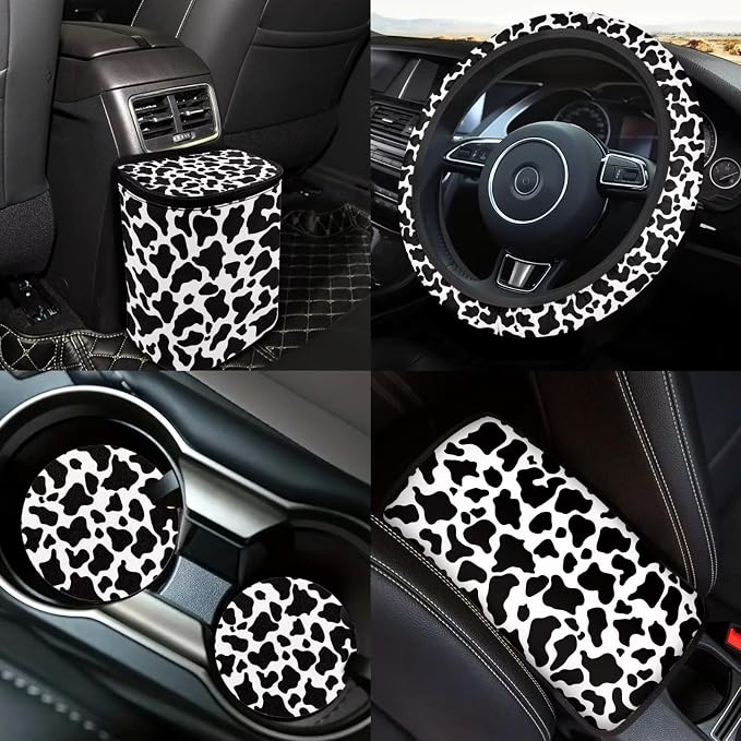 Cow Print Car Seat Covers Full Sets Universal Car Interior Accessories Sets with Cow Print Steering Wheel Car Covers Washable Car Headrest Covers Hanging Car Trash Can Belt Pads,Universal Fit