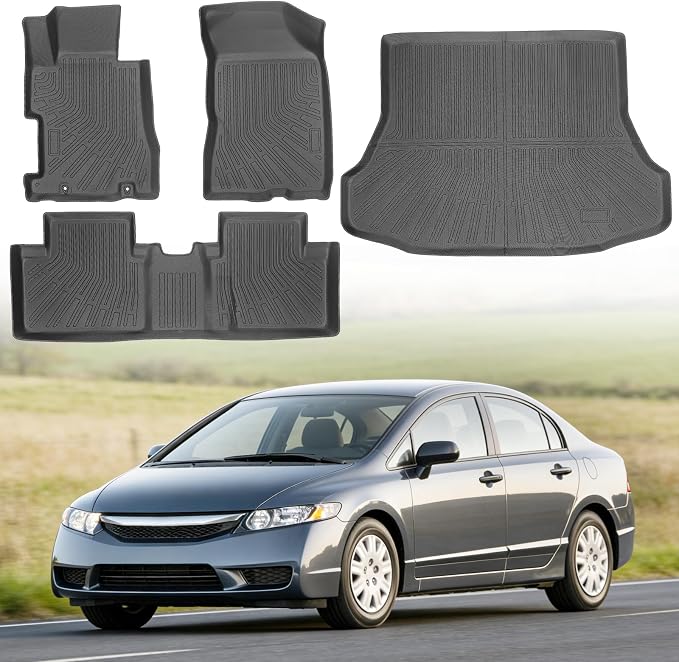 Floor Mats for Honda Civic 2006-2011 (Only for Sedan, Not for Coupe), Custom Fit Heavy Duty TPE All Weather Protection, Waterproof Non-Slip Black Car Liners (Two-Row Floor Mats & Cargo Liner)