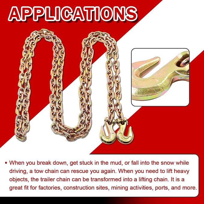Heavy Duty G80 Transport Binder Chain 1/2'' Inch x 20 Feet,Tow Chain with G70 Clevis Grab Hooks,12000 lbs Safe Working Load Logging Chain for Transporting, Towing(1/2'' x 20FT Yellow).