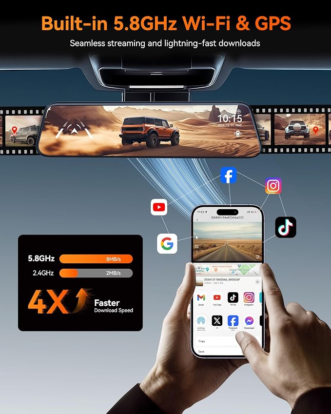 WOLFBOX G840H 12'' Mirror Dash Cam with ADAS and BSD, 2.5K Rear View Mirror Camera Front and Rear, 5.8GHz WiFi, Voice Control, Parking Monitor, Included GPS, Loop Recording (SD Card Not Included)