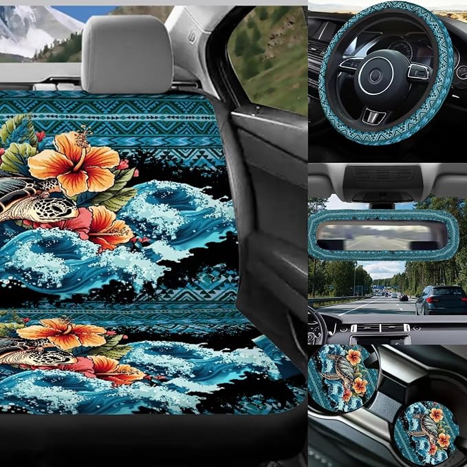 Sea Turtle Car Seat Covers Full Sets of 17 Pcs Navajo Sea Turtle Car Accessories Set for Women with Animals Print Auto Headrest Cover,Vehicle Trash Bag Universal Automotive Interior Decor