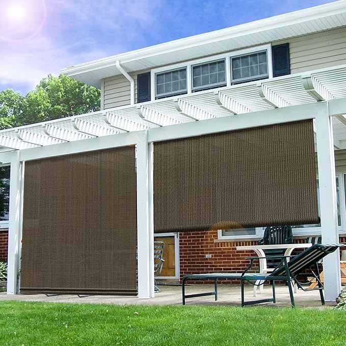E&K Sunrise Outdoor Roll up Shade Blinds Roller Shade 4'Wx7'H Brown for Patio Porch Pergola Deck Gazebo Yard Privacy Screen Roll Down Blinds 90% Sun Blockage