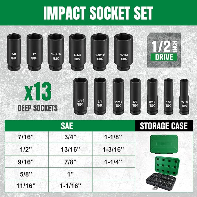SK 1/2" Drive Impact Socket Set, Deep SAE Sockets, 13-Piece 7/16" to 1-1/4", Premium CR-MO Steel, SureGrip 6 Point Design, With Storage Case