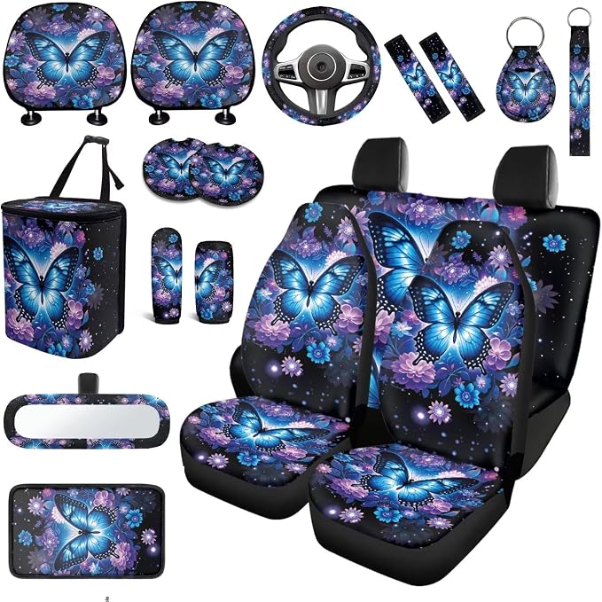 Mandala lotus Butterfly Car Seat Covers Full Sets 18 Pack Butterfly Car Interior Accessories Set with Steering Wheel Cover Auto Trash Can Car Headrest Covers for Women Belt Pads,Universal Fit