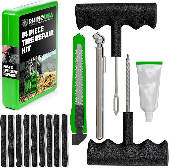 Rhino USA Compact Tire Repair Kit (14-Piece) – Heavy Duty Plug Set with Included Lubricant to Fix Punctures and Seal Flats – Tubeless Tool for Car, Motorcycle, ATV, UTV, RV & Trailer