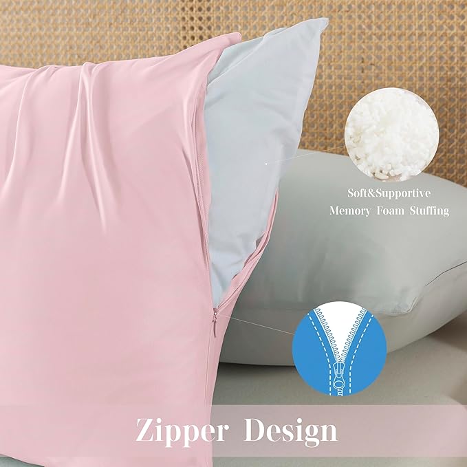 WhatsBedding Memory Foam Body Pillow with Zippered Cooling Cover, Full Body Pillow for Adults, Long Pillow for Sleeping, Fluffy Supportive, Ice Pink