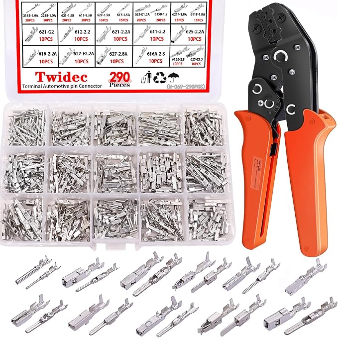 Twidec/290PCS Car Electrical Wire Terminal Pins Connector 1/1.5/1.8/2.2/2.8/3.5mm 21Type Auto Electric Connector Pins Terminal Non-Insulated Plug Removal Male Female Crimp Pins with Crimping Pliers