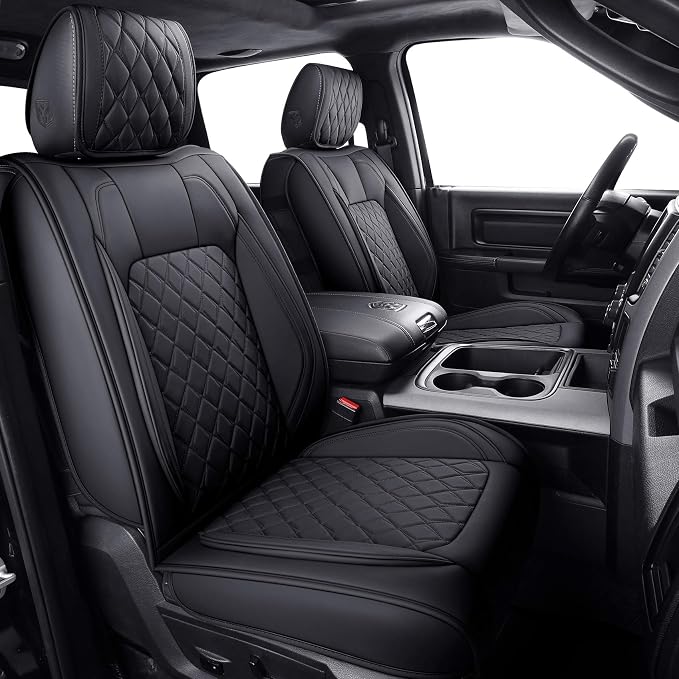 Aierxuan Dodge Ram Front Seat Covers Custom Fit 2009-2026 1500/2500/3500 Truck Pickup Crew Quad Regular Cab Heavy Duty Waterproof Leather Airbag Compatible Cushions(2 PCS Front/Black)