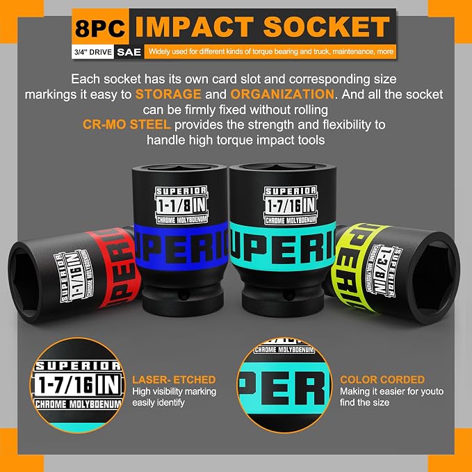 8 Piece 3/4" Drive Impact Socket Set, 1" - 1-1/2" Axle Nut Socket, SAE, 6-Point, Heavy Duty CR-MO, Large Automotive Repairs, Agricultural implement