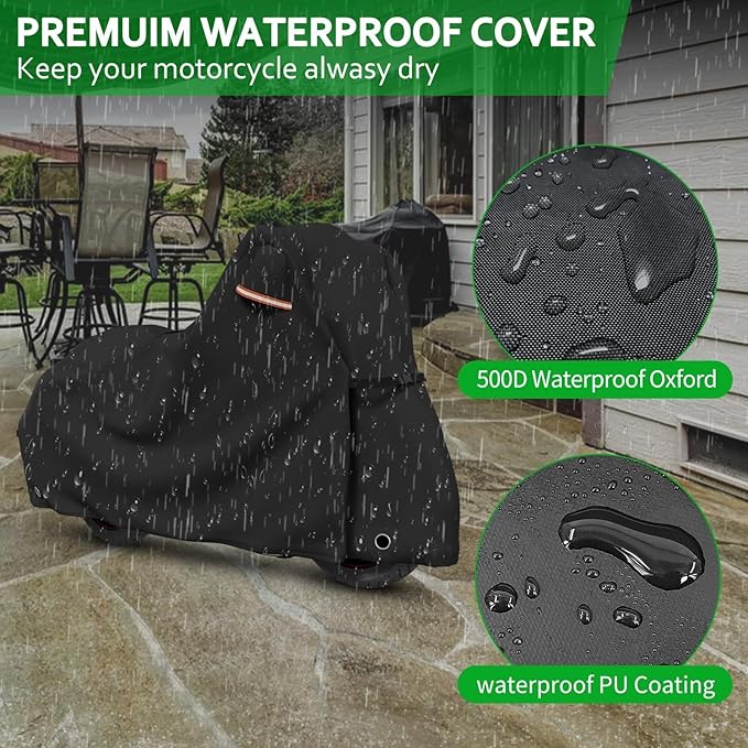 Roasivi Motorcycle Covers Waterproof Outdoor Storage for Harley Davidson Touring Models Heavy Duty Cover for General Motorcycle 98" L x 43" W x 55" H Black