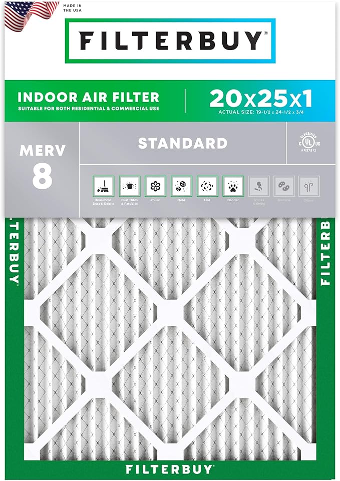 Filterbuy 20x25x1 Air Filter MERV 8 Essential Dust & Allergy Defense (1-Pack), Electrostatic Pleated HVAC AC Furnace Filters Replacement (Actual Size: 19.50 x 24.50 x 0.75)