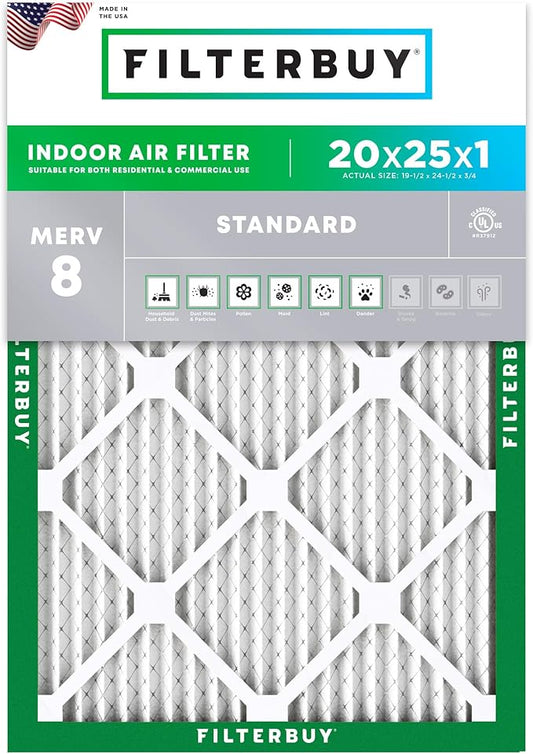 Filterbuy 20x25x1 Air Filter MERV 8 Essential Dust & Allergy Defense (1-Pack), Electrostatic Pleated HVAC AC Furnace Filters Replacement (Actual Size: 19.50 x 24.50 x 0.75)