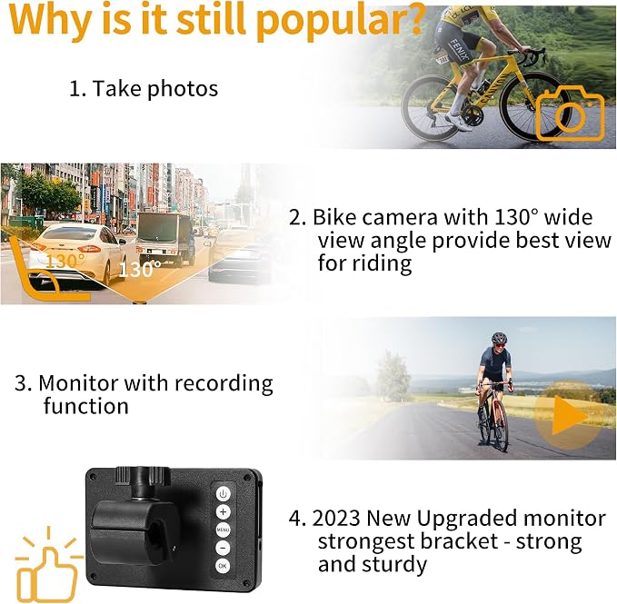 Bike Camera Recording Rechargeable 360° Rotation - Color Night Vision Portable Bicycle Rear View Camera Waterproof 130° Wide View HD 1080P 4.3 Inch Monitor for Mountain, Road Bike, E-Bike Wankskey