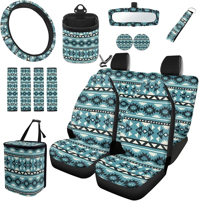 XYZCANDO Tribal Style Automobile Seat Cover Sets 15 PCS Car Seat Cover Set Steering Wheel Cover Seat Belt Pads Cover Garbage Bag Storage Box Rear View Mirror Cover Coasters Keychain Fit Most Cars