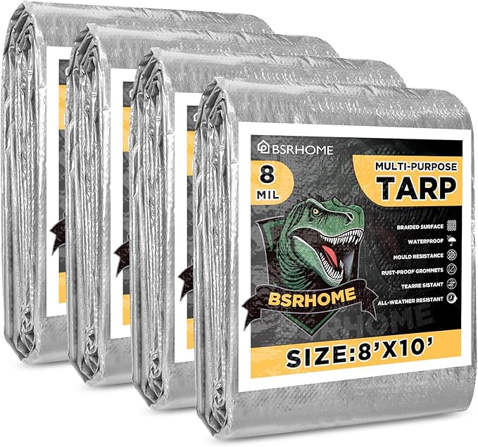 Tarps Waterproof 8x10 Feet, 4 Pack Heavy Duty Silver Tarp Cover 8 Mil Thick, Resistant Plastic Tarpaulin with Metal Grommets, Outdoor Tent Cover for Emergency Rain