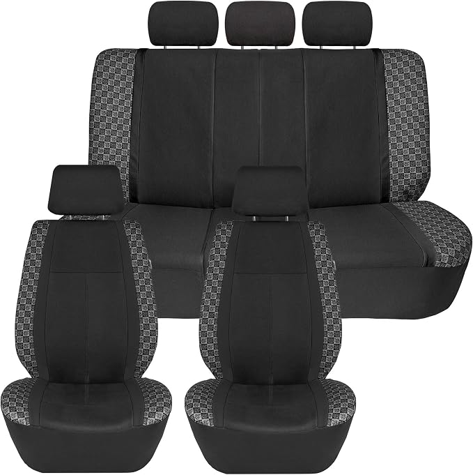 We Are Young Life is Fun™ Checker Car Seat Covers Universal Fit Interior Accessories Full Set Black Seat Cover Combo Steering Wheel Cover and Seat Belt Pads, Airbag and Split Rear Car Seat Covers