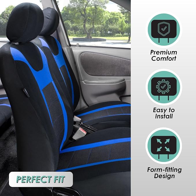 FH Group Car Seat Covers Universal Fit Full Set Interior Accessories, Sports Blue Seat Covers with Airbag and Split Rear Automotive Combo Vinyl Floor Mats Seat Covers for Cars Vans Trucks and SUV