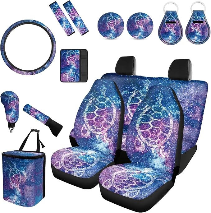 Forchrinse Starry Sea Turtle Car Seat Cover 15Pack Car Interior Set Protector,Steering Wheel Cover,Armrest Seatbelt Cover,Garbage Can,Handbrake Gear Cover,Car Coaster,Keychain