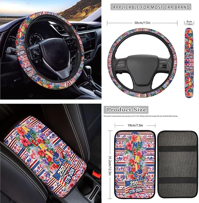 Hibiscus Print Car Seat Covers Set of 18 American Flag Print Car Front Rear Seat Covers with Steering Wheel Cover Safety Belt Pad Armrest Cushion 250 Years Interior Decor for Cars
