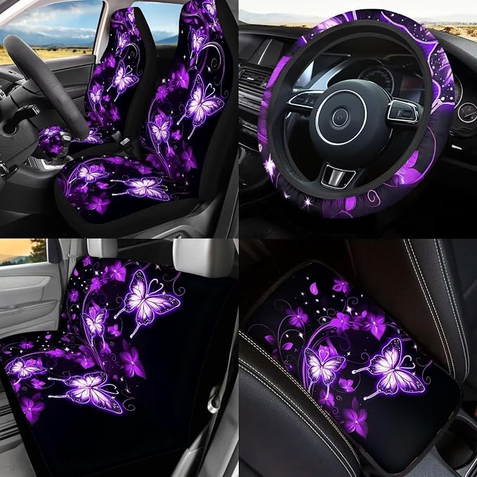 Purple Butterfly Car Seat Covers Full Sets with Front and Split Rear Bench,Butterflies Car Aaccessories Sets for Women Auto Interior Accessories with Headrest Covers,Seat Belt Shoulder Pad