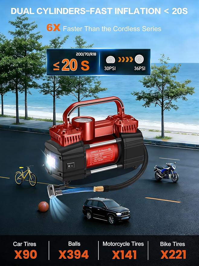 GSPSCN Heavy Duty Tire Inflator 12V Portable Air Compressor Pump 150PSI | 6X Faster Inflation Dual Cylinder Metal Air Pump with Led Light for Car, RV,Pickup Truck, SUV, Van,Camper, Air Bed,Balls